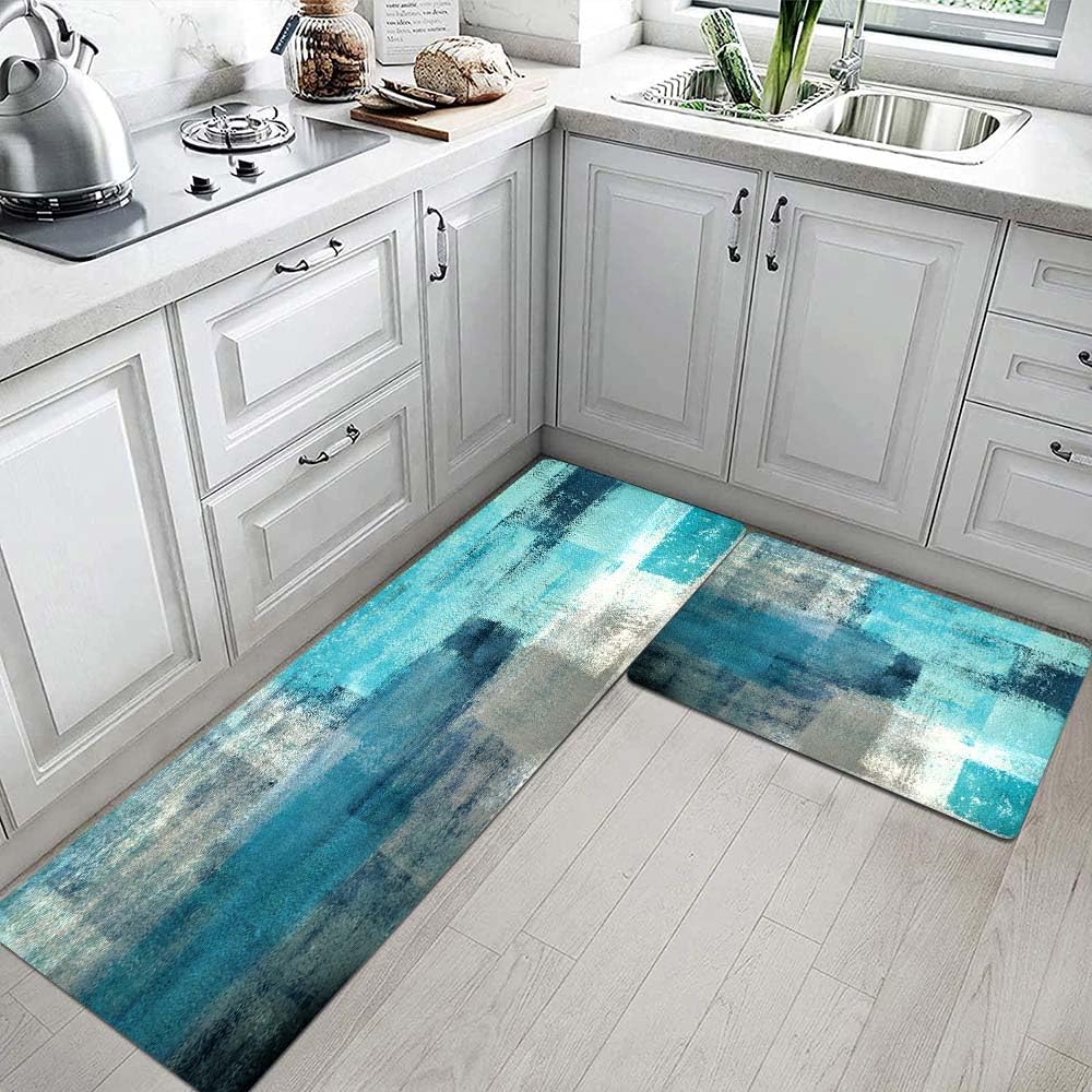 TOMWISH Turquoise Kitchen Rug 2PCS Anti-Fatigue Floor Mat Abstract Non Slip Kitchen Rugs and Mats Waterproof PVC Ergonomic Comfort Standing Mat Kitchen Rugs and Runner Sets for Kitchen Sink Laundry